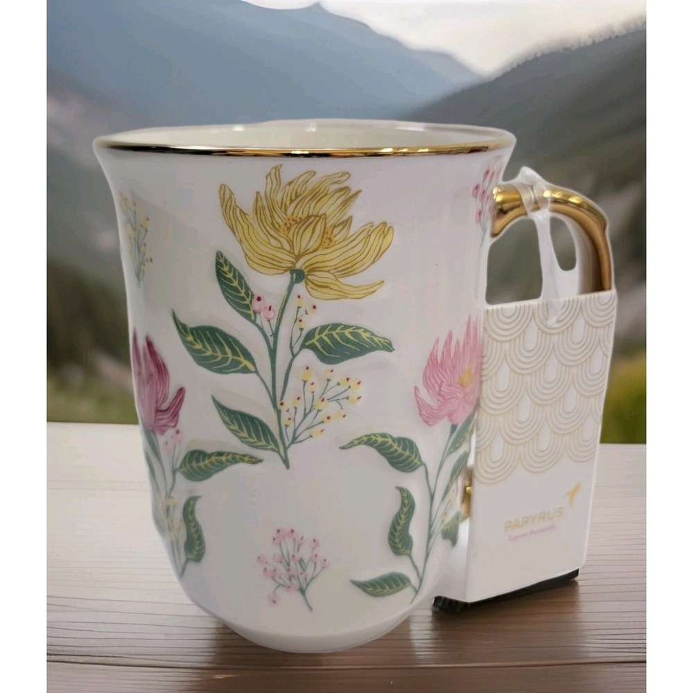 Papyrus Florals Spring Colorful Gold Trim Ceramic Mug Embossed 3D Textured NWT